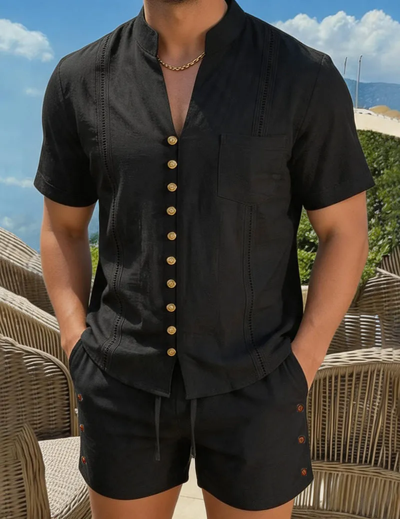 Men's Casual Mandarin Collar Short Sleeve Shirt and Shorts Set sold by Ekouaer product image thumbnail 2