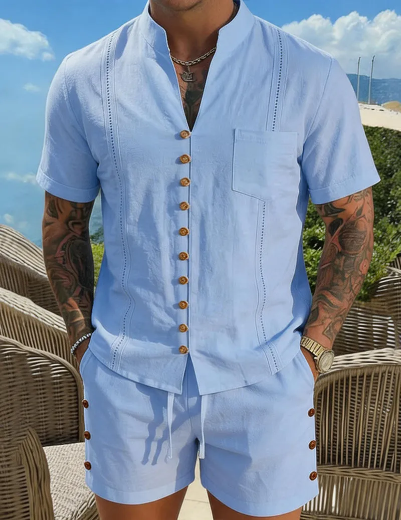 Men's Casual Mandarin Collar Short Sleeve Shirt and Shorts Set sold by Ekouaer product image thumbnail 3