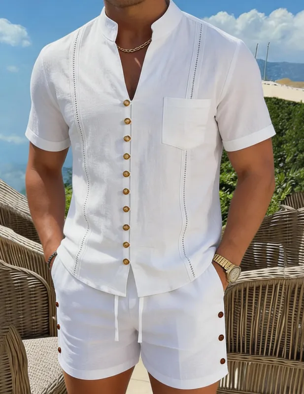 Men's Casual Mandarin Collar Short Sleeve Shirt and Shorts Set made by Ekouaer