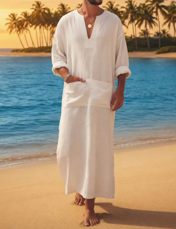 Men's 100% Cotton Linen Long Tunic Dress with Pocket – V-Neck Resort Beach Caftan made by Ekouaer