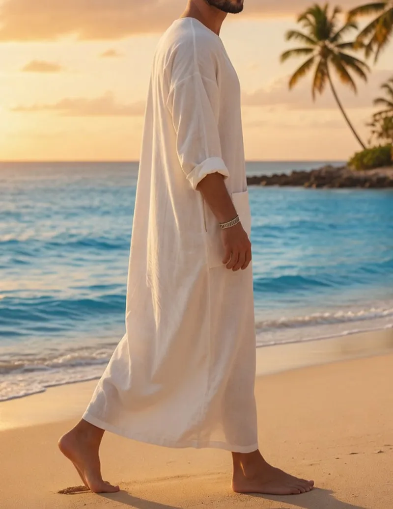 Men's 100% Cotton Linen Long Tunic Dress with Pocket – V-Neck Resort Beach Caftan sold by Ekouaer product image thumbnail 2