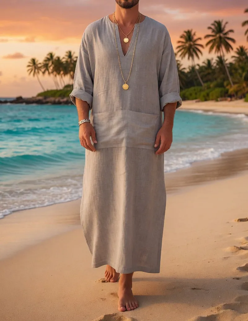 Men's 100% Cotton Linen Long Tunic Dress with Pocket – V-Neck Resort Beach Caftan sold by Ekouaer product image thumbnail 3