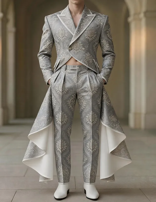 Men's White Gold Brocade Tailcoat Jacket & Formal Trousers made by Ekouaer