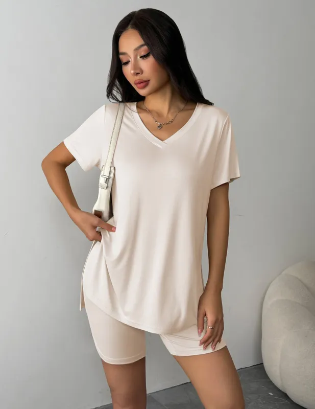 Ekouaer V-Neck PJ Set with Biker Shorts made by Ekouaer
