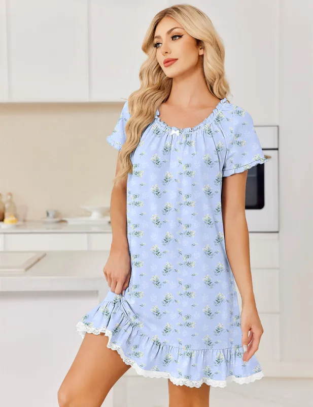 Cotton Nightgown Victorian Short Sleeve Sleep Dress with Lace Trim made by Ekouaer