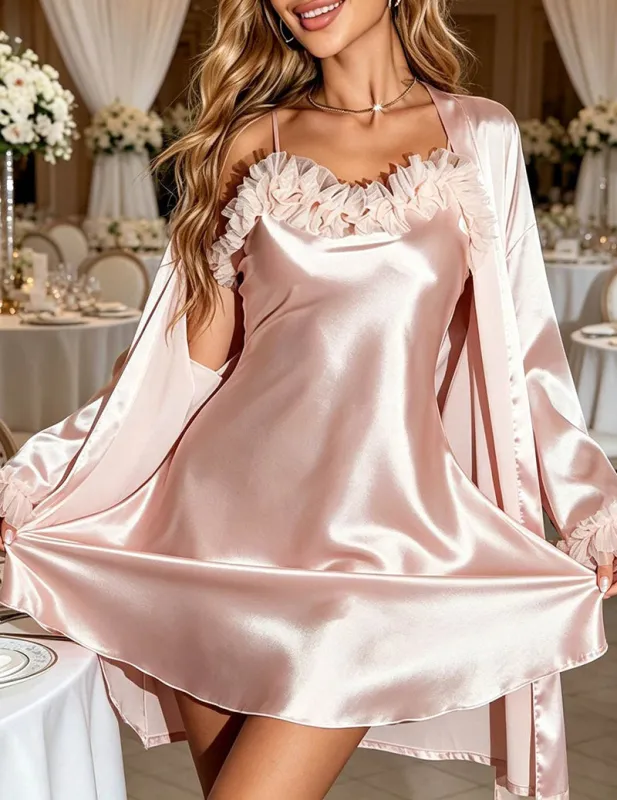 Satin Lace Ruffle Cami Dress & Robe 2-Piece Set made by Ekouaer