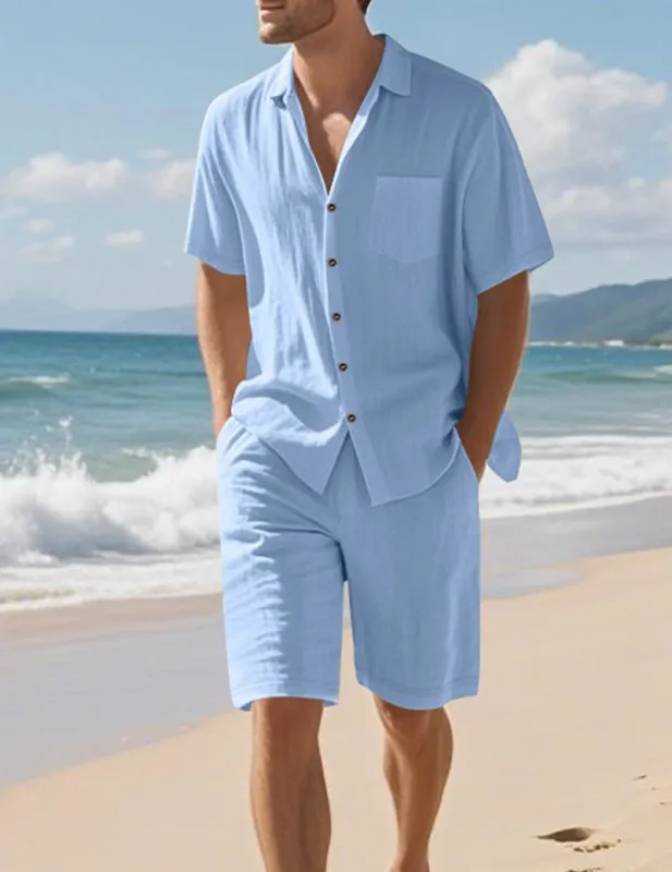 Men's Linen Shirt & Shorts Set - 2 Piece Casual Summer Outfit made by Ekouaer