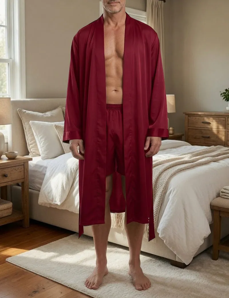 Men's Satin Robe & Shorts Set - 2 Piece Long Kimono Loungewear sold by Ekouaer product image thumbnail 4