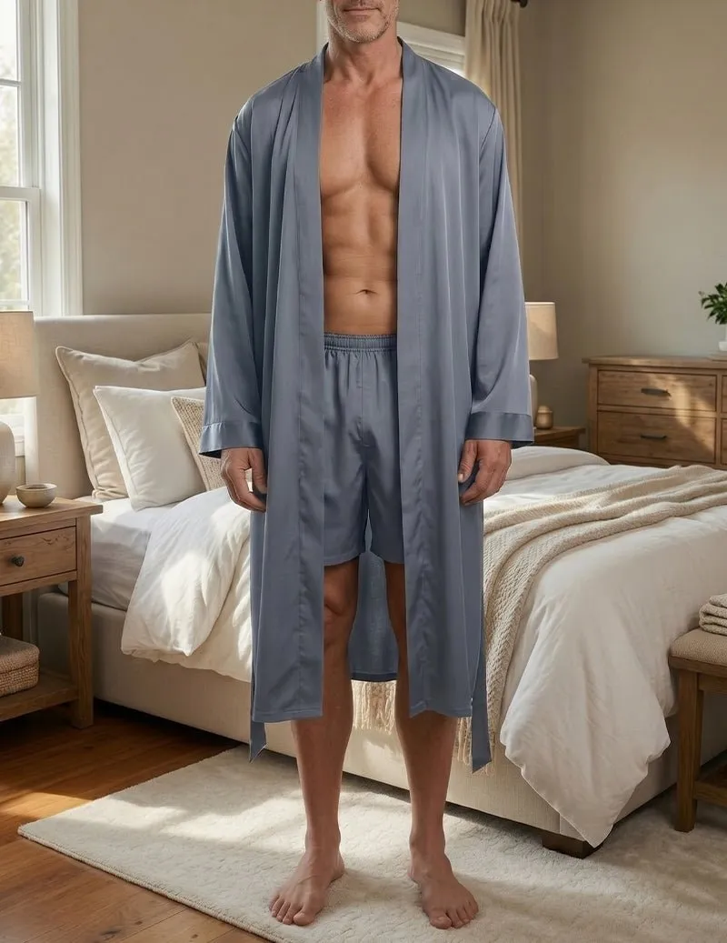 Men's Satin Robe & Shorts Set - 2 Piece Long Kimono Loungewear sold by Ekouaer