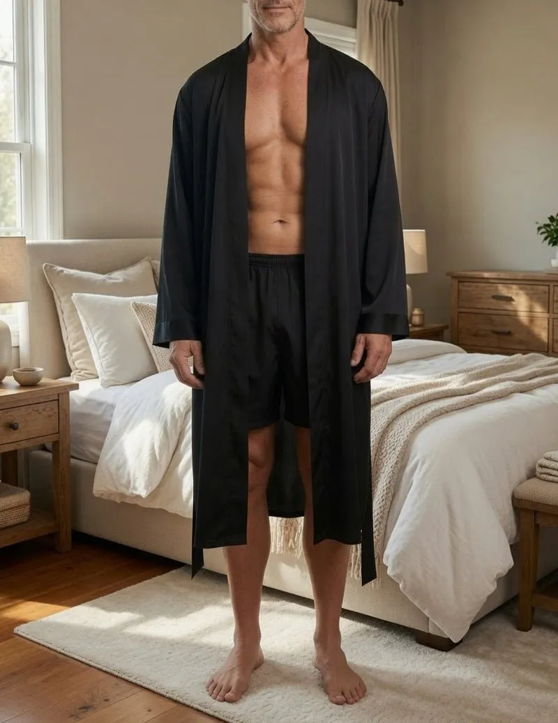 Men's Satin Robe & Shorts Set - 2 Piece Long Kimono Loungewear sold by Ekouaer product image thumbnail 2