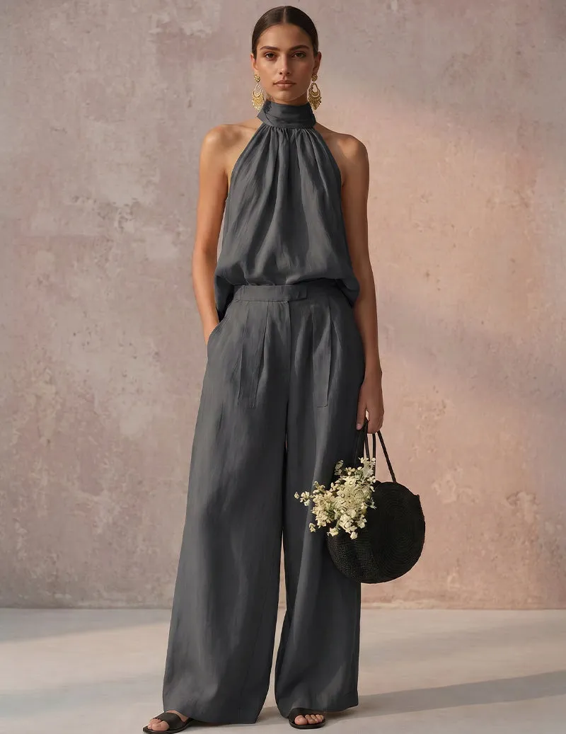 Halter Neck Backless Top Wide-Leg Pants Set sold by Ekouaer product image thumbnail 5