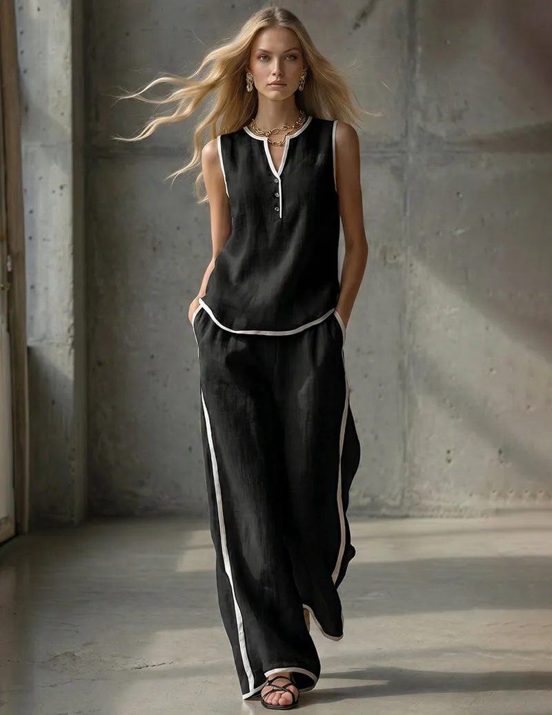 Sleeveless Tank Top Wide-Leg Pants Lounge Set with Contrast Trim sold by Ekouaer product image thumbnail 5