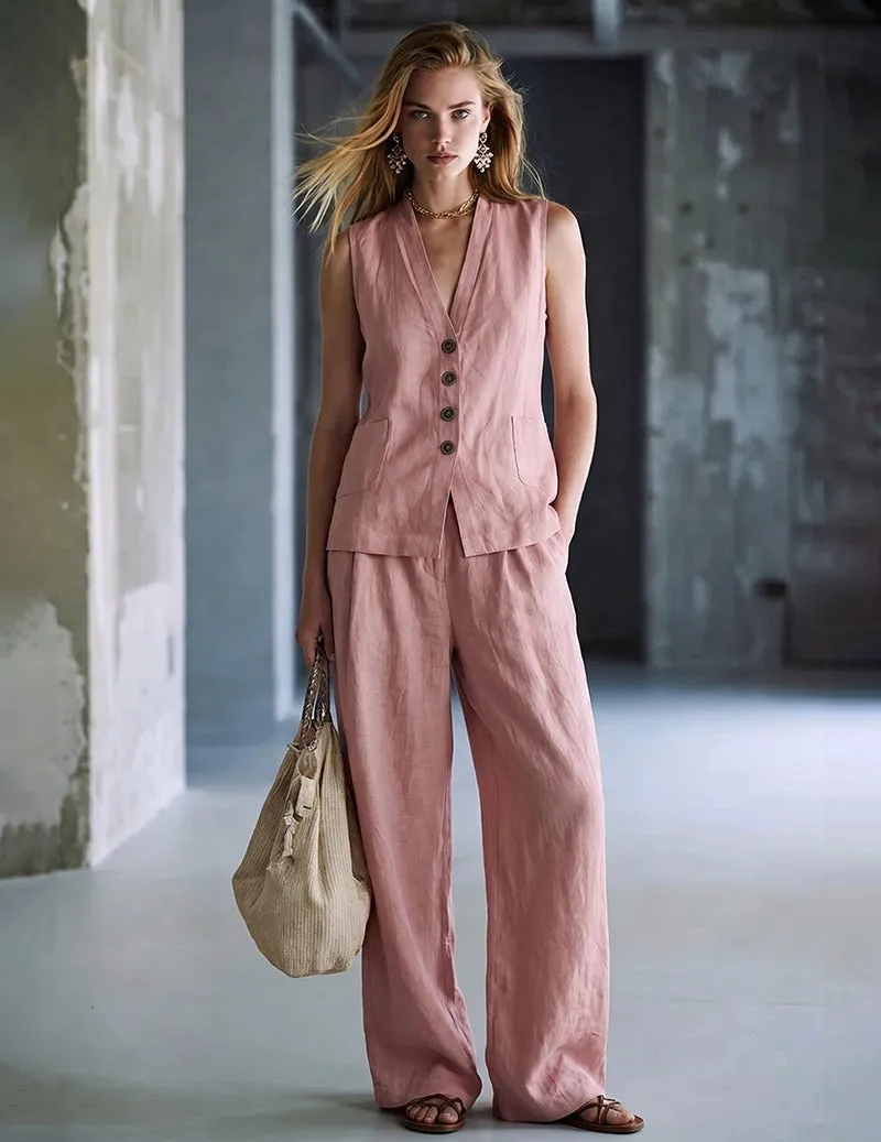 Sleeveless Button Vest Wide-Leg Pants Lounge Set sold by Ekouaer product image thumbnail 3
