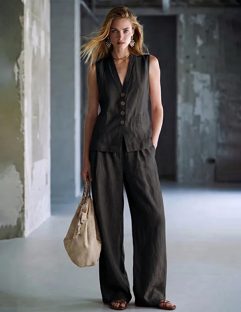 Sleeveless Button Vest Wide-Leg Pants Lounge Set sold by Ekouaer product image thumbnail 2