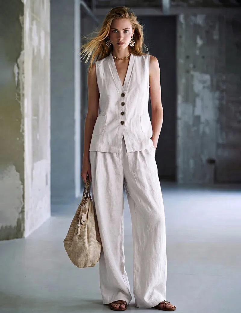 Sleeveless Button Vest Wide-Leg Pants Lounge Set sold by Ekouaer