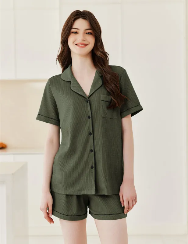 Ekouaer Waffle Knit Pajama Set Button Down Short Sleeve & Shorts made by Ekouaer