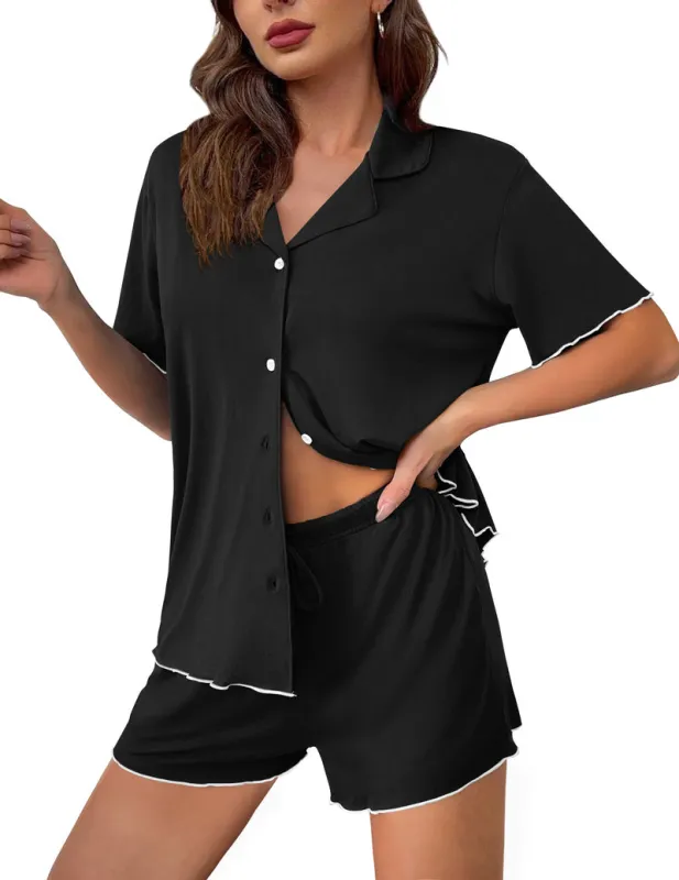 Ekouaer Button-Up Pajama Set Short Sleeve Top & Shorts with Pockets made by Ekouaer