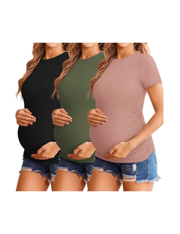 Ekouaer Maternity Shirts 3-Pack Short Sleeve Ribbed Side Ruched Tops made by Ekouaer