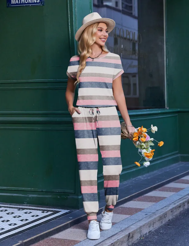 Ekouaer Drawstring Jumpsuit Short Sleeve Long Pants made by Ekouaer