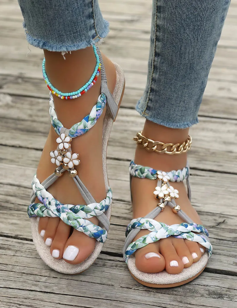 Ekouaer Bohemian Braided Flat Sandals Floral Charm Open Toe Beach Sandals sold by Ekouaer product image thumbnail 5