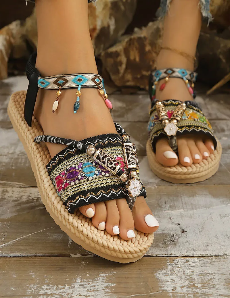 Ekouaer Bohemian Flat Sandals Braided Ethnic Embroidery Open Toe Beach Sandals sold by Ekouaer product image thumbnail 2