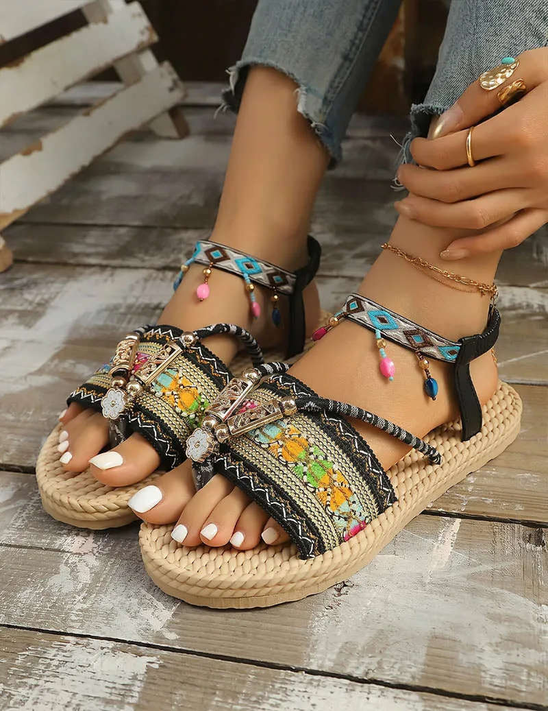 Ekouaer Bohemian Flat Sandals Braided Ethnic Embroidery Open Toe Beach Sandals sold by Ekouaer product image thumbnail 3