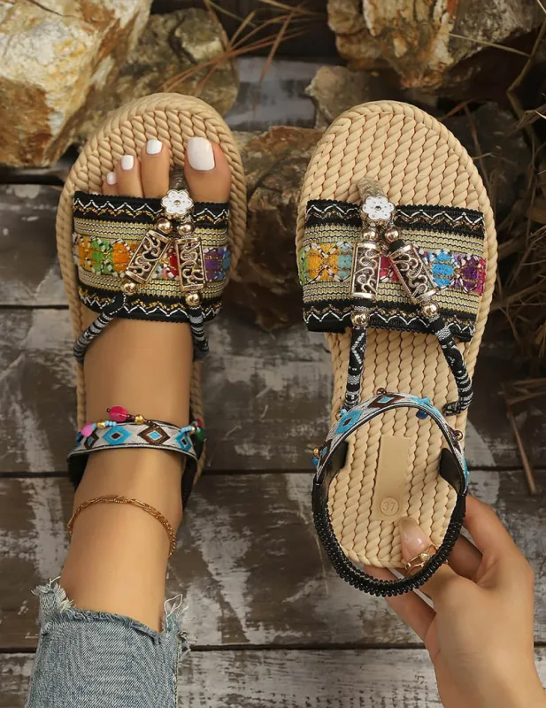 Ekouaer Bohemian Flat Sandals Braided Ethnic Embroidery Open Toe Beach Sandals made by Ekouaer