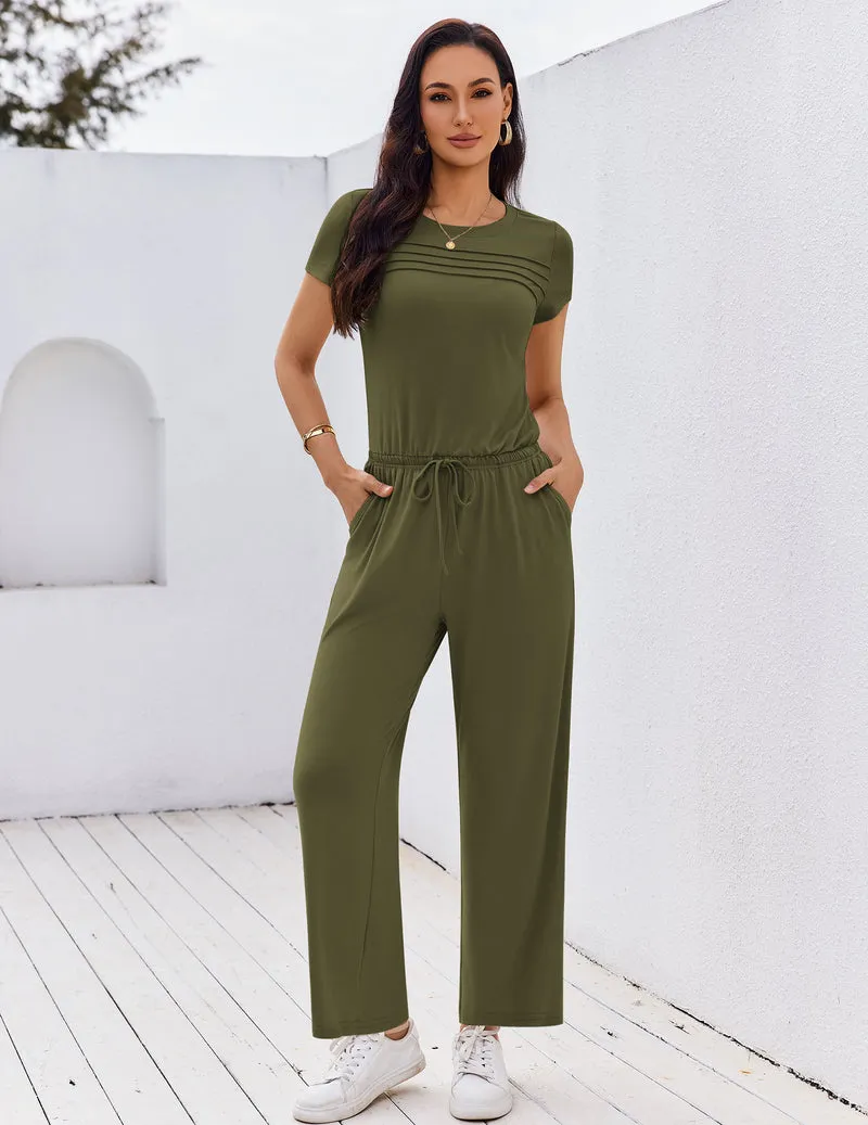Ekouaer Summer Round Neck Pleated Front Romper sold by Ekouaer