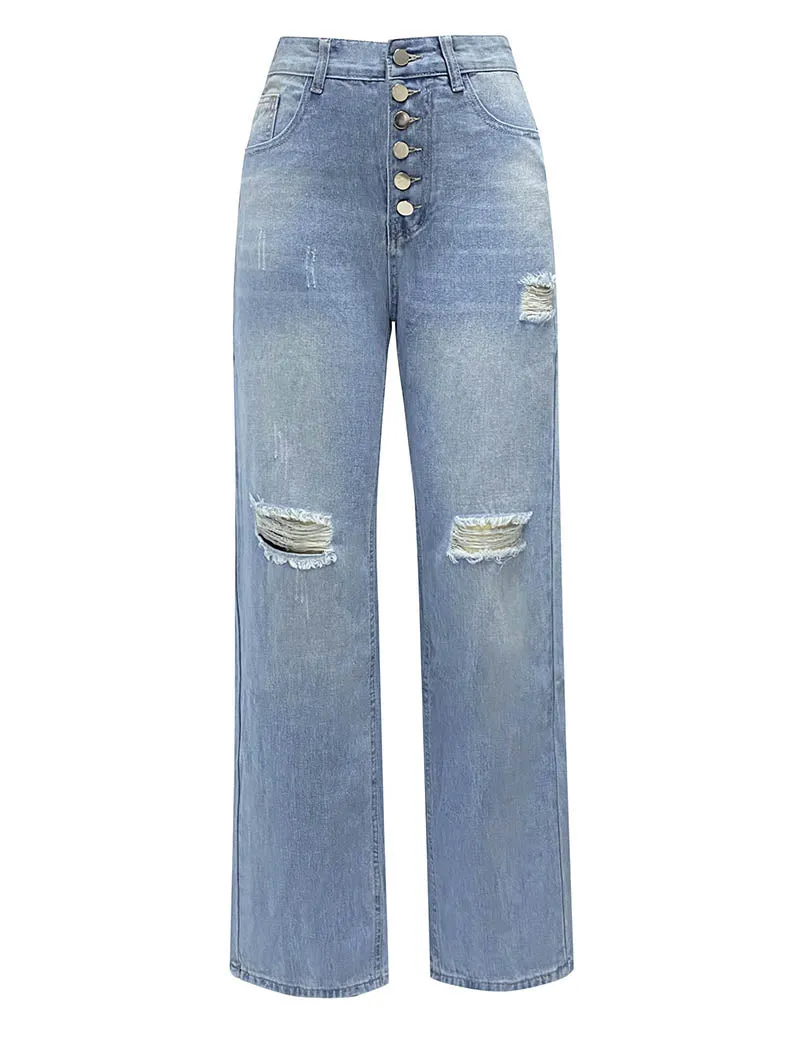 Ekouaer Distressed Straight-Leg Jeans High-Waist Button-Fly Ripped Denim Pants sold by Ekouaer product image thumbnail 5