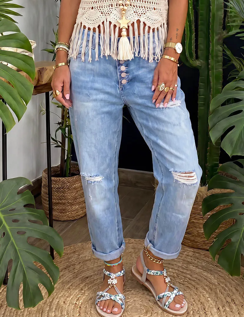 Ekouaer Distressed Straight-Leg Jeans High-Waist Button-Fly Ripped Denim Pants sold by Ekouaer product image thumbnail 2