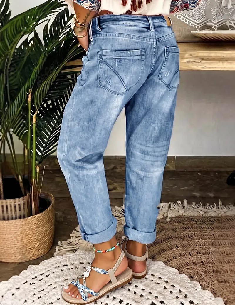 Ekouaer Distressed Straight-Leg Jeans High-Waist Button-Fly Ripped Denim Pants sold by Ekouaer product image thumbnail 3