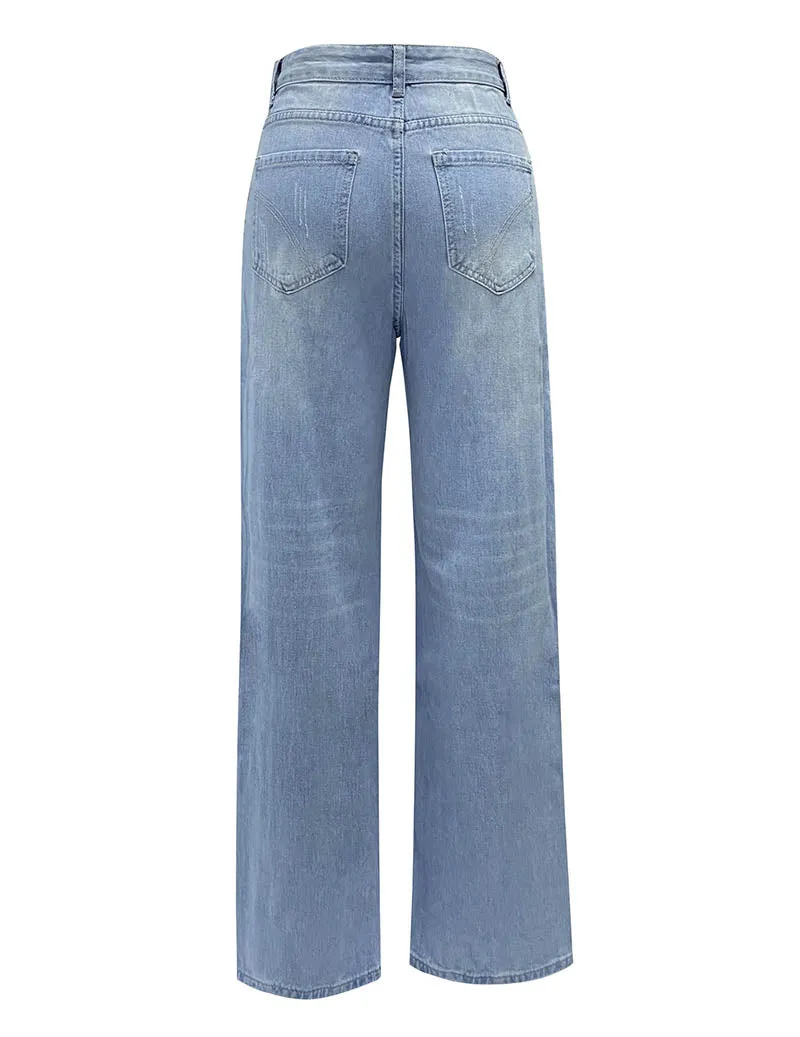 Ekouaer Distressed Straight-Leg Jeans High-Waist Button-Fly Ripped Denim Pants sold by Ekouaer product image thumbnail 4