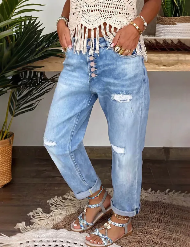 Ekouaer Distressed Straight-Leg Jeans High-Waist Button-Fly Ripped Denim Pants made by Ekouaer