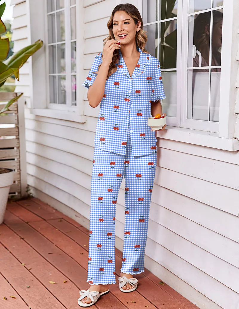 Ekouaer Ruffle Sleeve Printed 2-Piece Pajamas Set sold by Ekouaer