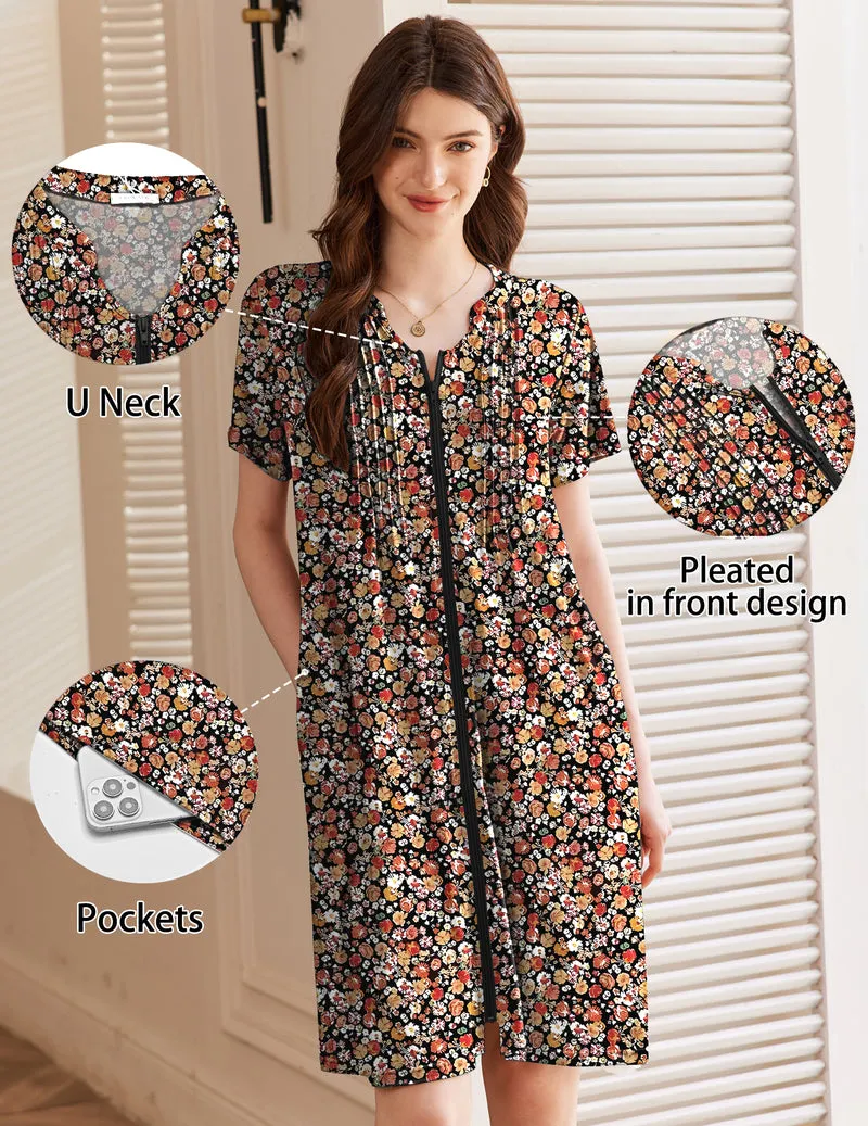 Ekouaer Short Sleeve Zip-Up Bathrobe Mumu Duster sold by Ekouaer
