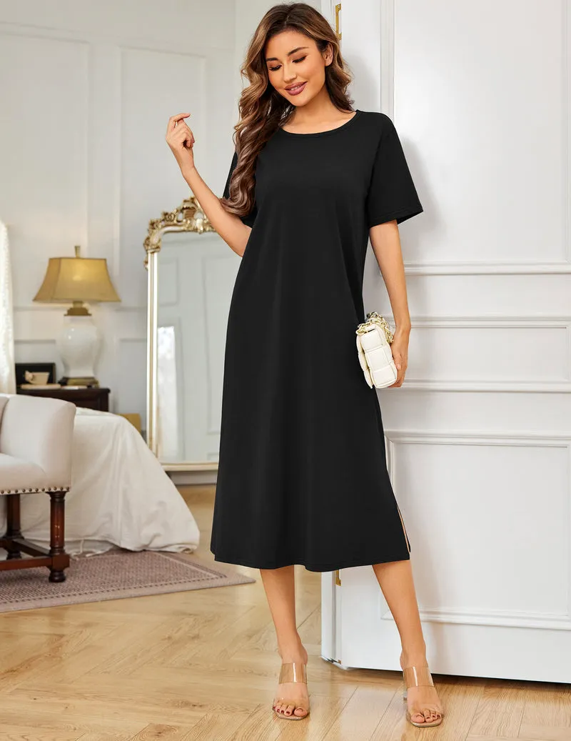 Ekouaer Cotton Full Length Nightgown Long Sleepshirt Short Sleeve sold by Ekouaer product image thumbnail 2