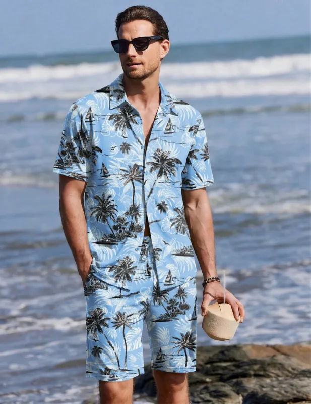 Ekouaer Men's 2-Piece Hawaiian Shirt & Shorts Beach Pajamas Set made by Ekouaer