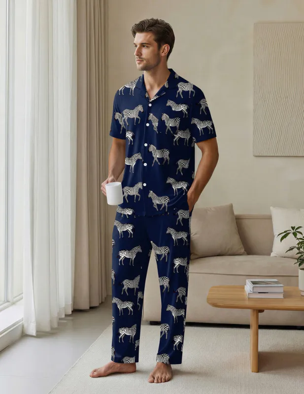 Ekouaer Mens Classic Button-Down Short Sleeve Pajamas Long Pants Set made by Ekouaer