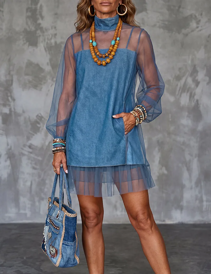 Ekouaer Denim Tulle Splice Dress Casual Jean Patchwork Midi Dress sold by Ekouaer