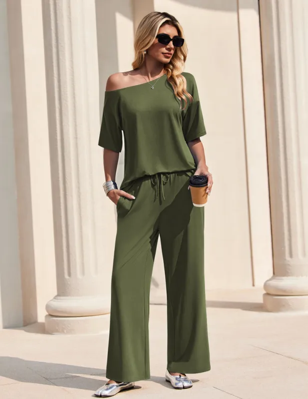 Ekouaer Off-Shoulder 2-Piece Lounge Set — Top & Long Pants made by Ekouaer