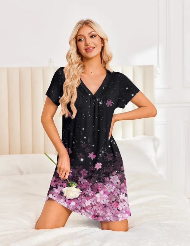 Ekouaer V-Neck Lace Trim Short Sleeve Nightgown with Pockets made by Ekouaer