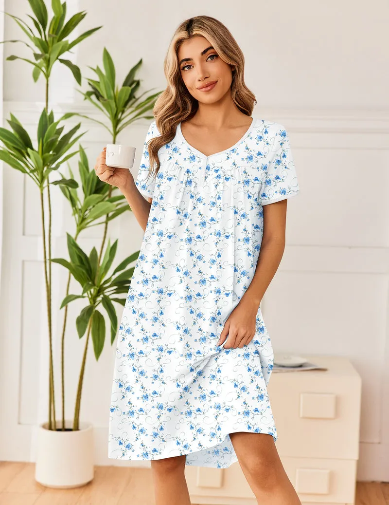 Ekouaer 100% Cotton V-Neck Button Short Sleeve Nightgown sold by Ekouaer product image thumbnail 4