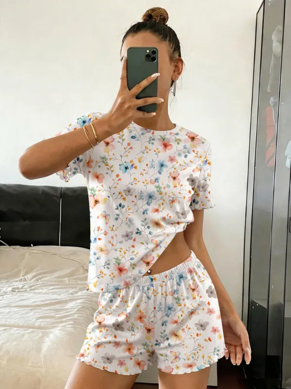 Ekouaer Ribbed Crop Top & Shorts Cute Pajama Set made by Ekouaer