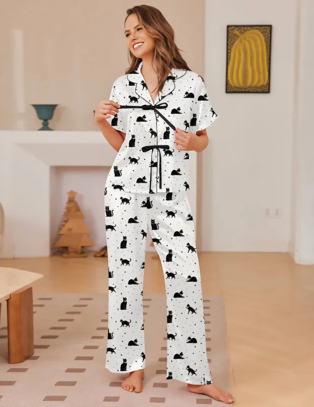 Ekouaer Satin Ruffle Tie Short Sleeve 2-Piece Pajama Set made by Ekouaer