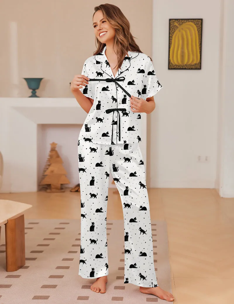 Ekouaer Satin Ruffle Tie Short Sleeve 2-Piece Pajama Set sold by Ekouaer