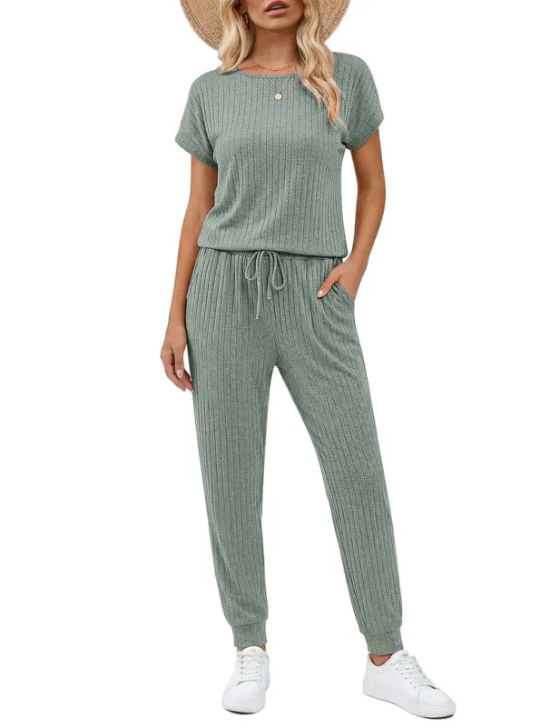 Ekouaer Ribbed Knit Sleeveless Wide-Leg Casual Romper made by Ekouaer