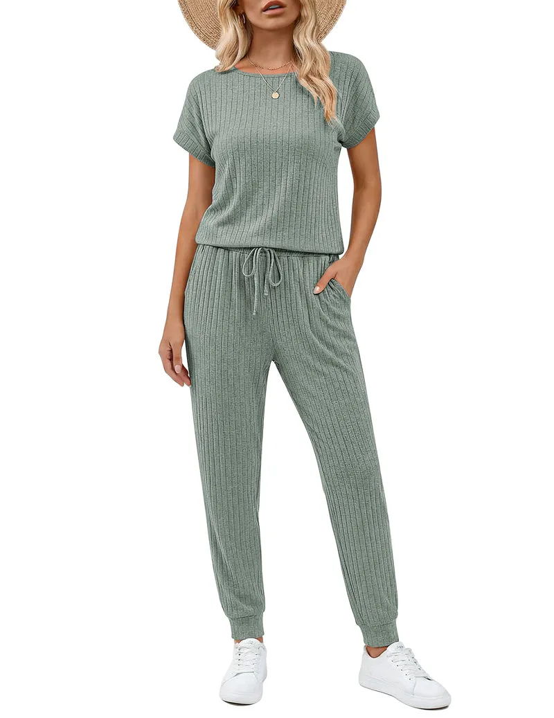 Ekouaer Ribbed Knit Sleeveless Wide-Leg Casual Romper sold by Ekouaer