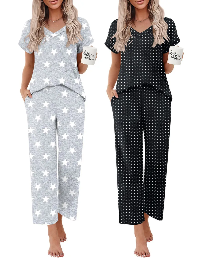Ekouaer 2-Pack Short Sleeve V-Neck Pajama Lounge Sets sold by Ekouaer product image thumbnail 3