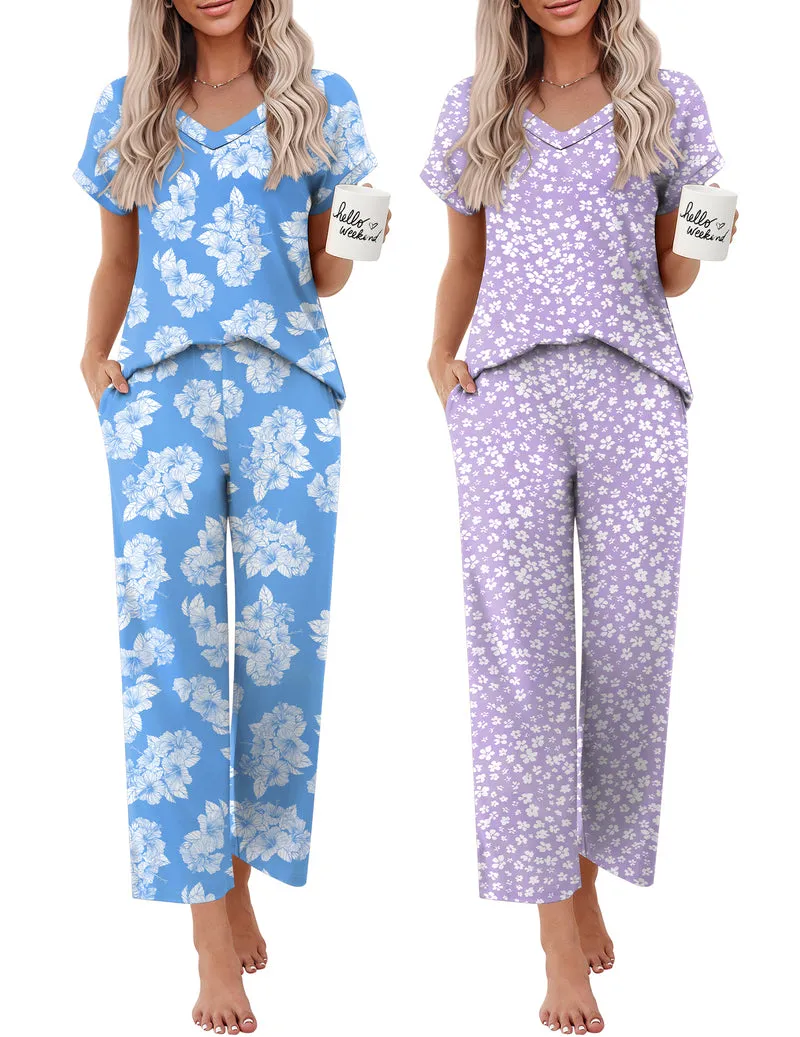 Ekouaer 2-Pack Short Sleeve V-Neck Pajama Lounge Sets sold by Ekouaer product image thumbnail 2