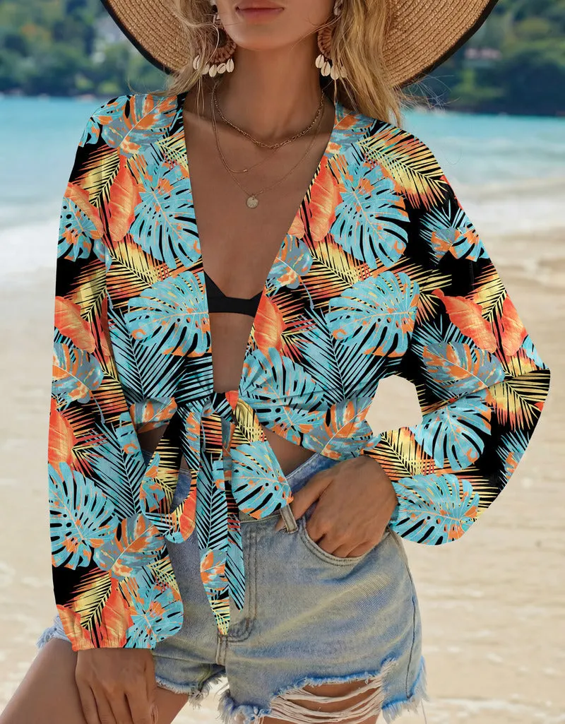 Ekouaer Tie-Front Long Sleeve Kimono Swimsuit Cover Up sold by Ekouaer product image thumbnail 3